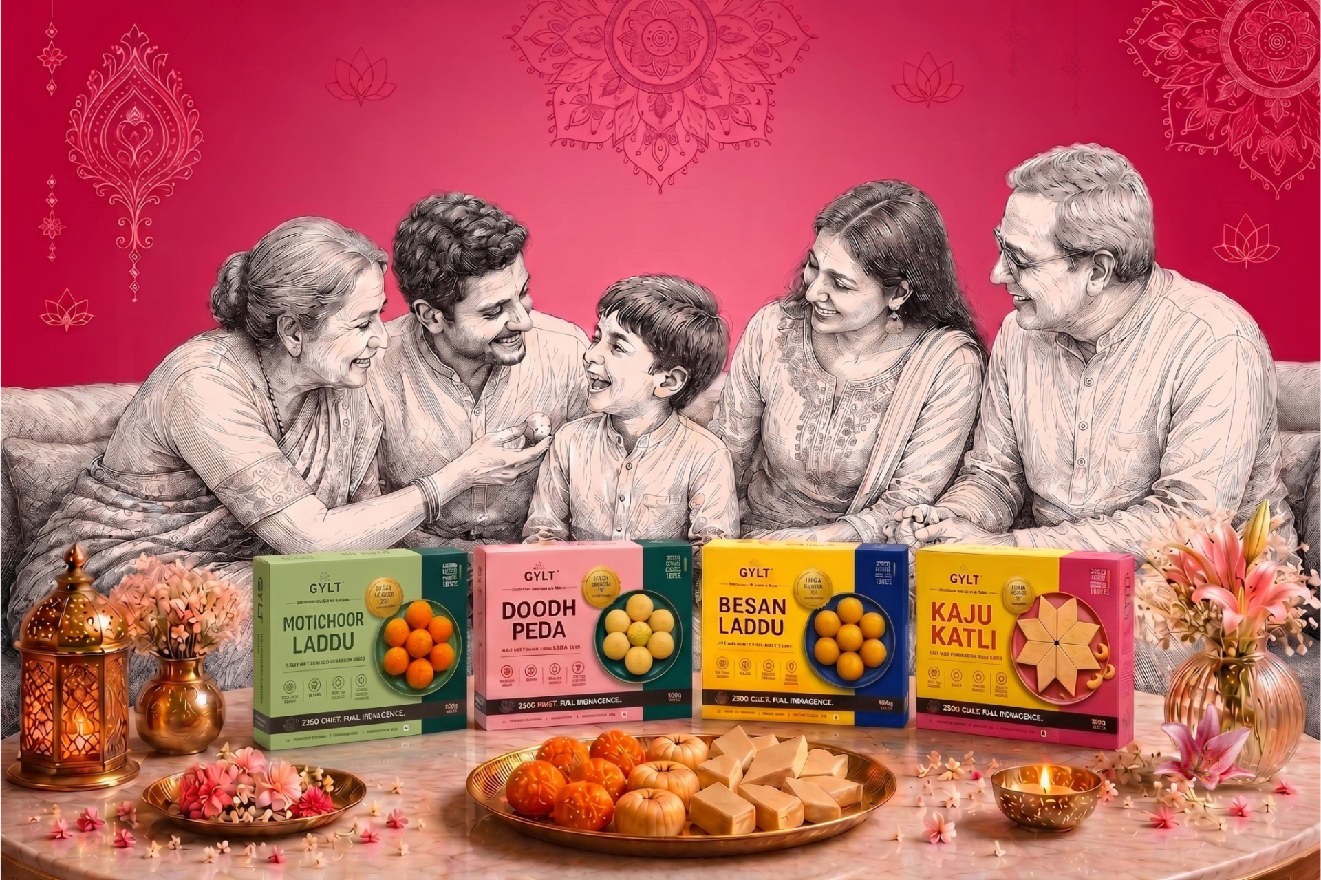 A multi-generational Indian family celebrating together with GYLT sweet boxes and festive decorations