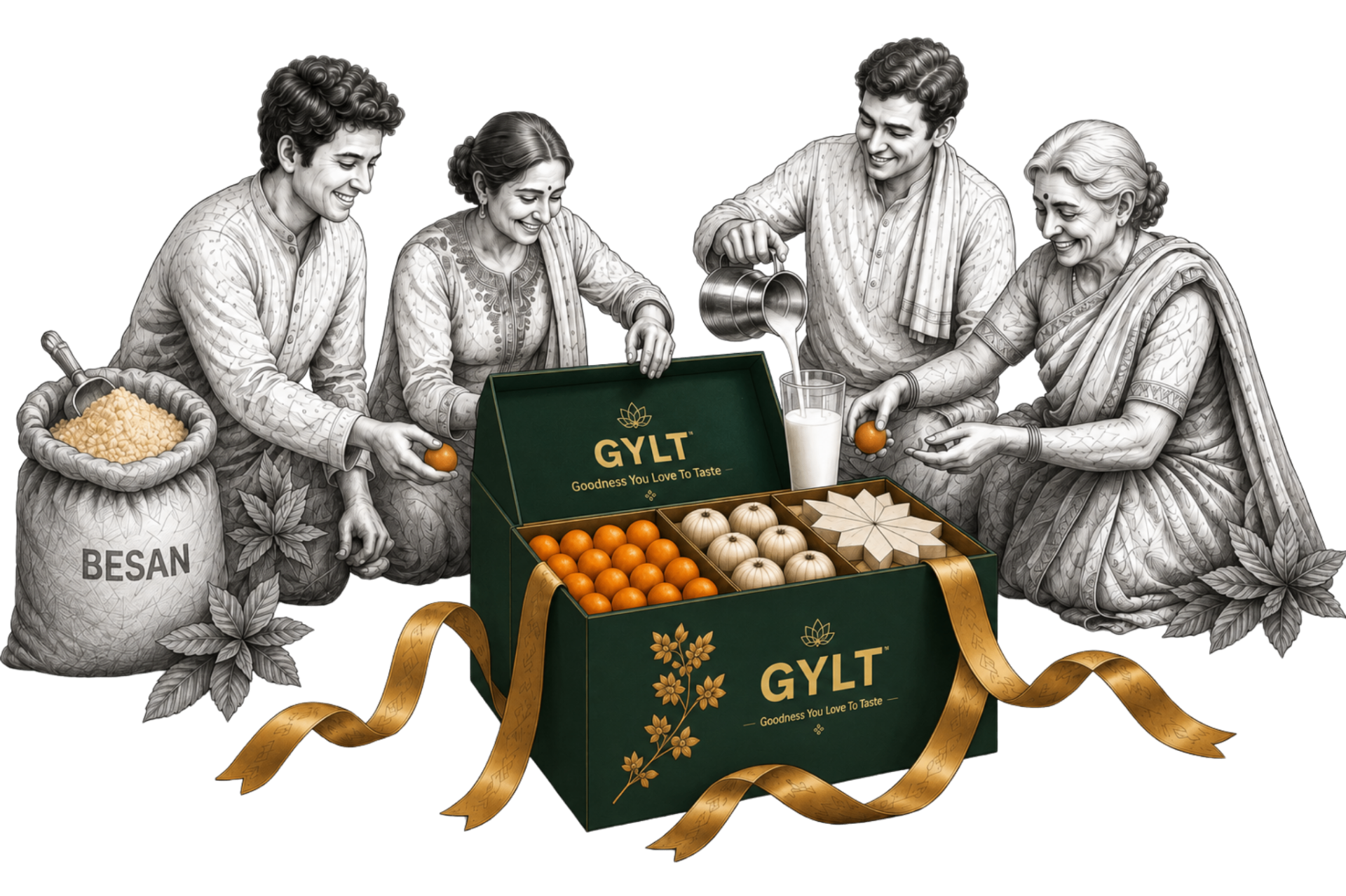 Artisans assembling a GYLT gift hamper of Indian sweets